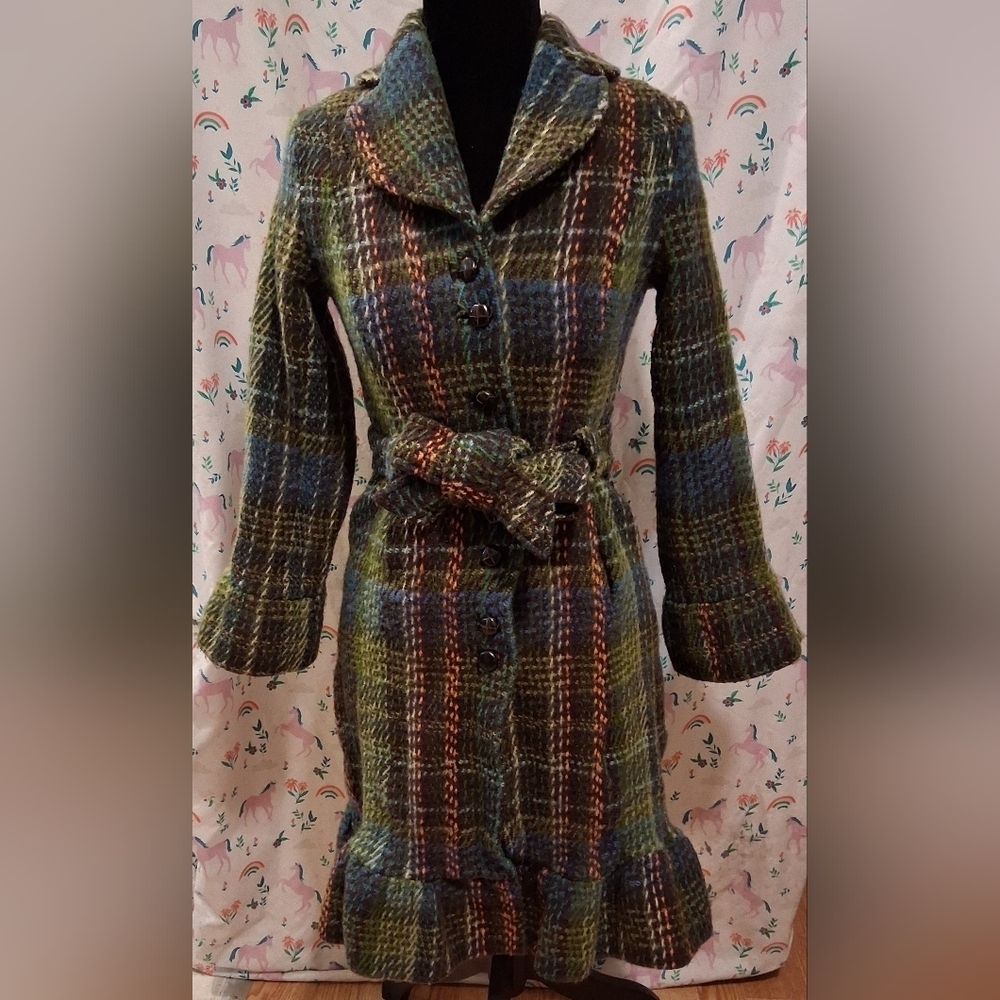 NWOT RARE Vintage Anthropologie Elevenses Tweed Princess Green Plaid Coat SZ 4 - Picture 1 of 7